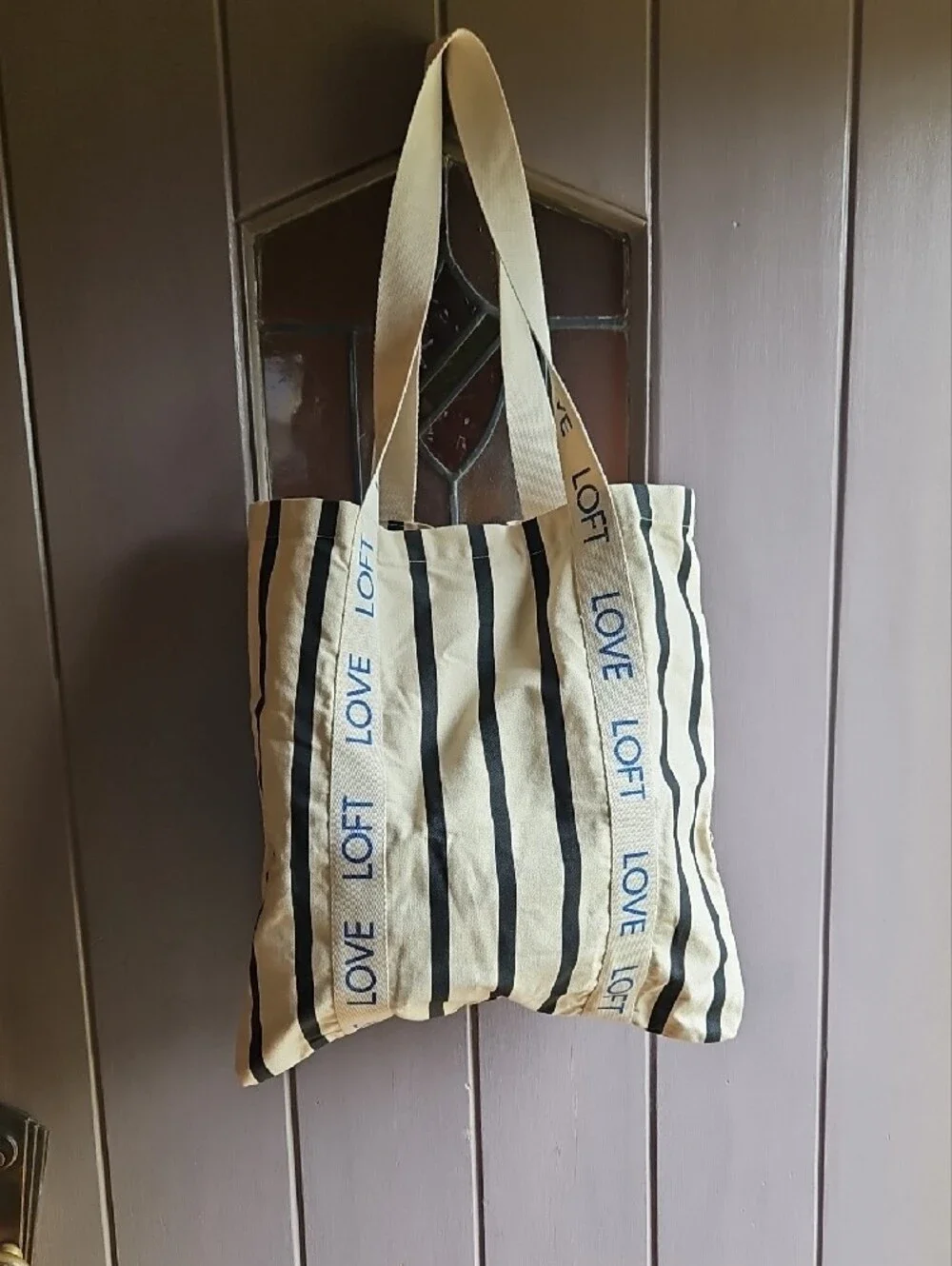 LOFT Blue and Cream Striped Canvas Tote with Logo Straps